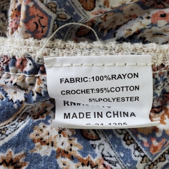 Crochet Lace Floral Top Size L Flare Sleeve Fringe Trim Boho Festival Tunic - Picture 7 of 10